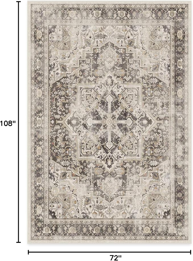 RUGGABLE Washable Vintage Area Rug – Kamran Hazel 6x9, Stain-Resistant, Non-Slip – Medium Machine Washable Rugs for Living Room, Bedroom, Hallway, Entryway & Office–with Standard Pad