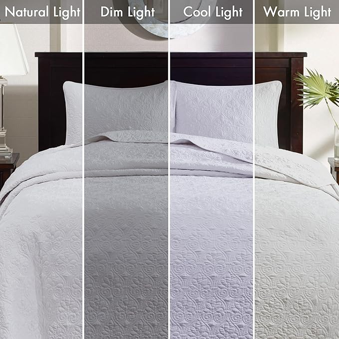 Madison Park Quebec Reversible Quilt Set Damask Design, Double Sided Stitching All Season, Lightweight Bedspread Bedding Set, Matching Sham, White, Twin(81"x110") 2 Piece