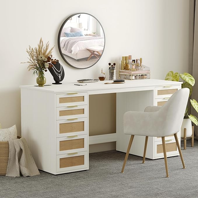 WOPITUES 60" Boho Home Office Desk with 10 Wooden Drawers, Rattan Computer Writing Desk with Power Outlets, Large Executive Desk with Storage Cabinet for Work Study Writing Craft, Wood-Grain White