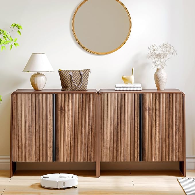 BERRYMERRY 2 Door Fluted Sideboard Buffet Cabinet with Storage, Modern Wood Cabinet with Adjustable Shelves for Living Room, Dining Room (Brown 4 Doors)