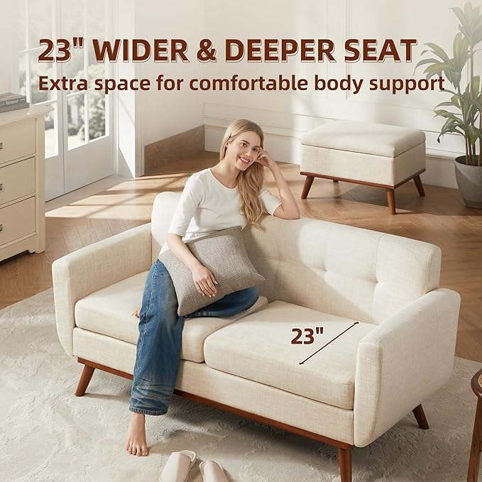 Tbfit Loveseat Sofa, Mid-Century Love Seat Couches, Boucle Small Sofa for Living Room, Bedroom, Office, Button Tufted Upholstered Furniture, Beige