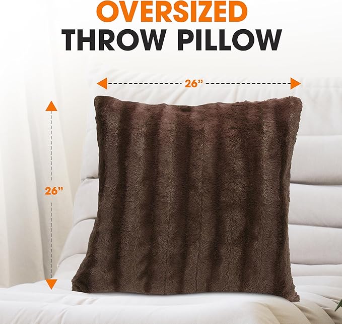 Cheer Collection Faux Fur Throw Pillows - Decorative Pillows for Couch, Bed Throw Pillows, Chocolate Accent Pillows for Bedroom or Living Room Aesthetic, Set of 2 Furry Throw Pillows, 26" x 26"