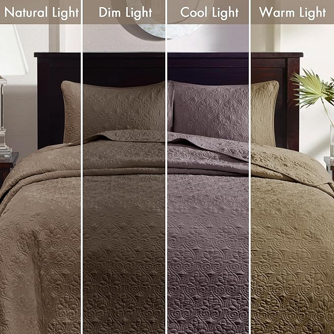 Madison Park Quebec Reversible Damask Design, Double Sided Quilting All Season, Lightweight Coverlet Bedspread Bedding Set, Matching-Shams, King(120"x118"), Mocha