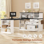 61" Executive Desk, Farmhouse Home Office Desk with Drawers, Wood L Shaped Computer Desk with 4-Tier Paper Organizer, File Holder, Power Outlets, LED Light, Storage Shelves, Hooks, White