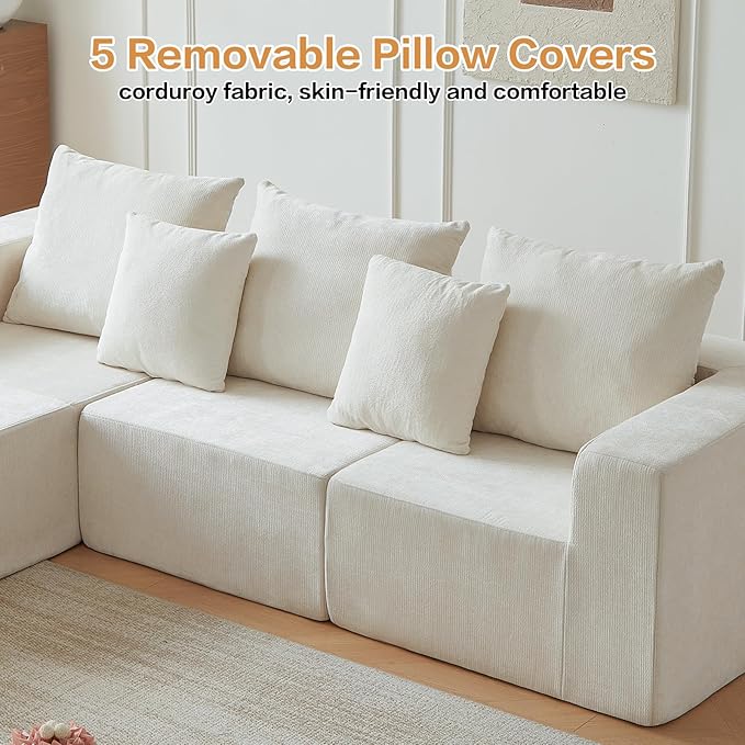 101" Cloud Couch Sectional, Corduroy Boneless Couch with L Shape Chair, All-Foam Compressed Sofa for Living Room, No Assembly Required (Beige)