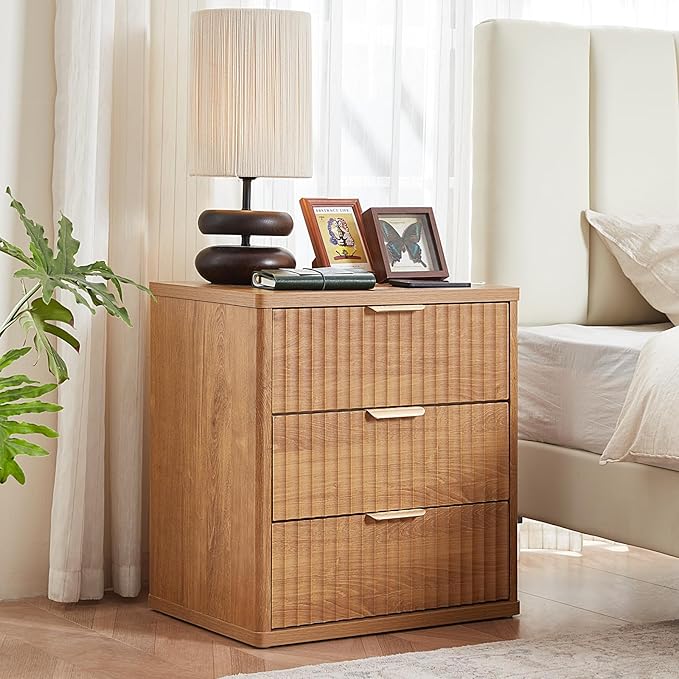 LEYAOYAO 23" Wide Fluted Night Stand with Charging Station, 3 Drawers Large End Table with Storage, Brown Nightstand Wood Bedside Tables, Farmhouse Cabinet Dresser for Bedroom, Living Room,Closet
