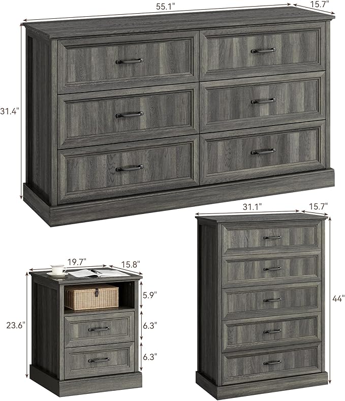 CARPETNAL Farmhouse Dresser and Nightstand Sets for Bedroom, 4 Pcs Bedroom Set, 5 Drawer & 6 Drawer Dresser and Nightstand Set of 2, Wood Chest of Drawers for Living Room, Entryway, Grey