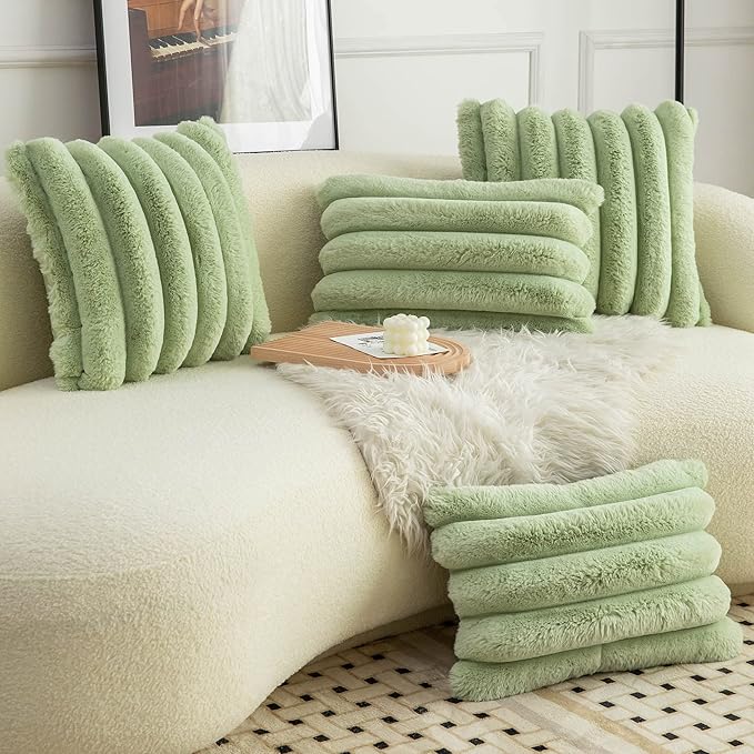 Neelvin Green Faux Fur Cozy Soft Striped Decorative Throw Pillow Covers 22x22 inch Set of 2,Velvet Pillowcase Cushion Case for Sofa Couch