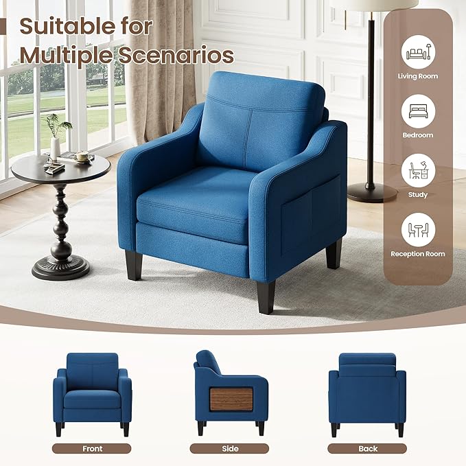 Accent Chair for Living Room Modern Linen Upholstered Armchair Side Wooden Fabric Sofa Chair with Foldable Table 2 Side Pockets Comfy Reading Chair for Bedroom