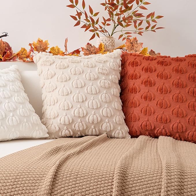 Kevin Textile Fall Pumpkins Pillow Covers 18x18 Inch Set of 2 Cute Autumn Decorative Square Pillowcases Soft Faux Fur Cushions Harvest Gift for Couch Sofa Chair Bedroom Home Decor, Brown