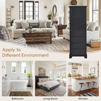 P PURLOVE Tall Bathroom Storage Cabinet with 2 Doors and 4 Drawers,Narrow Bathroom Cabinet Standing,Wood Freestanding Bathroom Cabinet for Kitchen,Living Room,Black