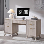 T4TREAM Modern Fluted Executive Desk with Drawers, 60" Home Office Computer Desk with Charging Station & Keyboard Tray, Alder White