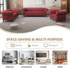Home Sofa Living Room Furniture, 3 Seater Leather Upholstered Sofa Couch, Modern Comfy Couch with Faux Leather Cushions, Mid Century Tufted Chesterfield Sofas for Bedroom, Office, Apartment (Wine Red)