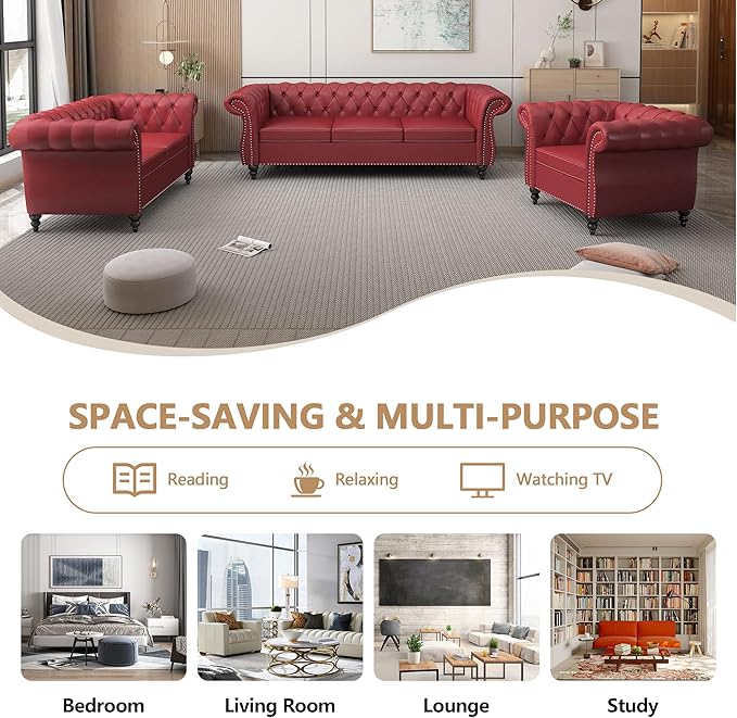 Chesterfield 3 Seater Sofa, Modern Leather Tufted Couch 3 Seater with Rolled Arms and Nailhead Mid-Century Upholstered Couch for Living Room, Bedroom, Apartment and Office, Claret