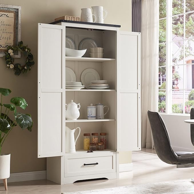 JXQTLINGMU Farmhouse Kitchen Pantry Cabinet - 72" Tall Wood Kitchen Storage Cabinets with Adjustable Shelves & 2 Barn Style Doors & Drawer, Versatile Storage for Dining Room, Bathroom, Antique White