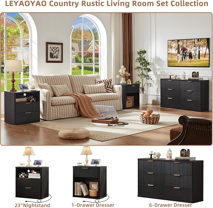 LEYAOYAO Fluted Nightstand with Charging Station, 23" Wide 1 Drawers End Table,Black Night Stand with Open Storage Cabinet, Farmhouse Bed Side Tables, Wood Dresser for Bedroom, Living Room, Closet