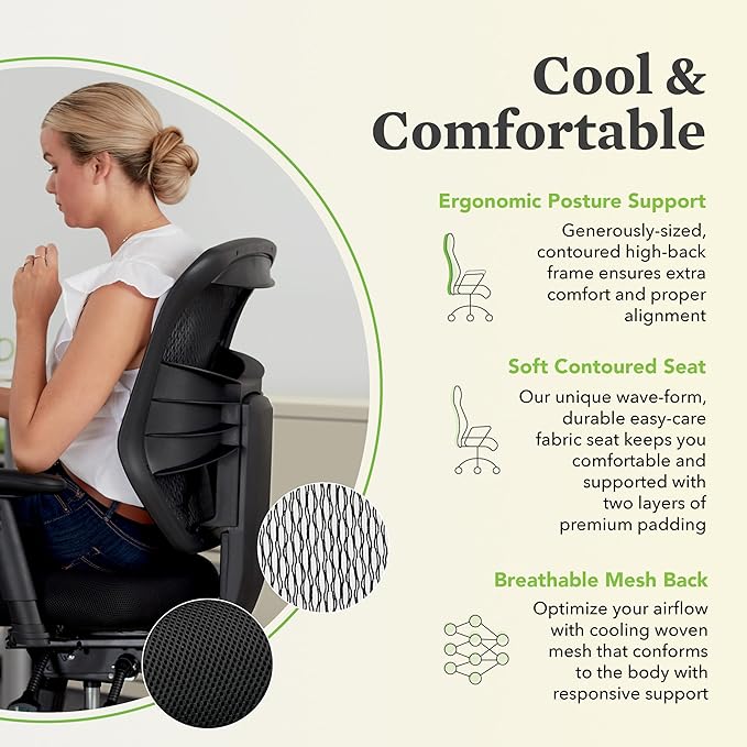 HON Prominent Mesh Ergonomic Office Chair with Adjustable Arms, Back Support, 360° Swivel Task Chair for Computers, Desk, Home Office, ASynchro-Tilt Recline, Black