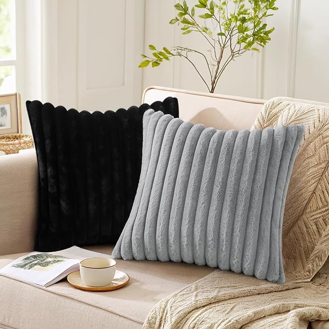 Pallene Faux Fur Plush Throw Pillow Covers 18x18 Set of 2, Luxury Soft Fluffy Striped Decorative Pillow Covers for Sofa, Couch, Living Room, Black