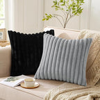 Pallene Faux Fur Plush Throw Pillow Covers 18x18 Set of 2, Luxury Soft Fluffy Striped Decorative Pillow Covers for Sofa, Couch, Living Room, Black