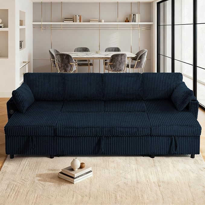 110" Corduroy Pull Out Sofa Bed w/Adjustable Backrests, Sectional U-Shape Sleeper Sofa w/Storage Chaise, Convertible Couch Bed w/USB Charging Port & Cup Holders for Living Room, House, Blue