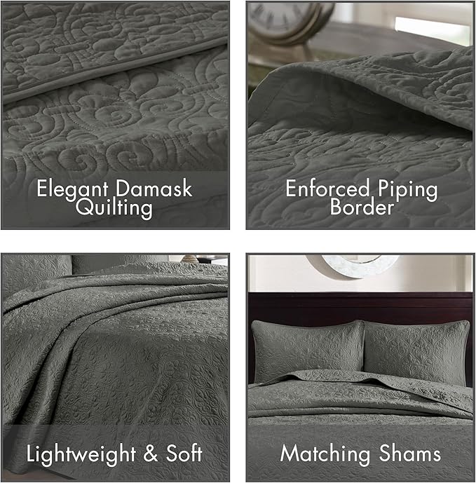 Madison Park Quebec Reversible Quilt Set Damask Design, Double Sided Stitching All Season, Lightweight Bedspread Bedding Set, Matching Sham, Dark Grey, Full(96"x110") 3 Piece
