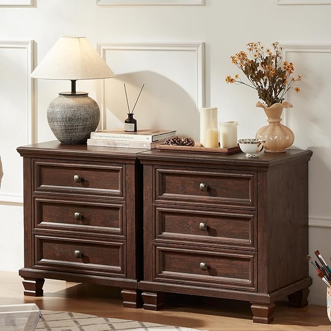 Farmhouse Nightstand Set of 2, Rustic Couch End Table with 3 Drawers & 4 Square Solid Wood Legs, Vintage Bed Side Table with Storage, Small Dresser for Bedroom, Living Room, Walnut