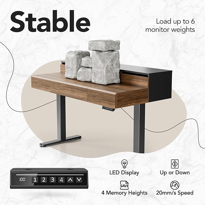 HUANUO Electric Standing Desk with Drawers, 48 Inches Height Adjustable Stand Up Desk with Monitor Shelf, Whole-Piece Board Computer Workstation with 4 Memory Height Settings, Black Walnut