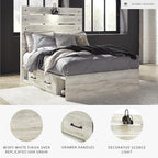 Signature Design by Ashley Cambeck Farmhouse Full Panel Platform Bed with 2 Storage Drawers, Cubbies, Sconce Light and USB Ports, Foundation or Box Spring Not Needed, Whitewash