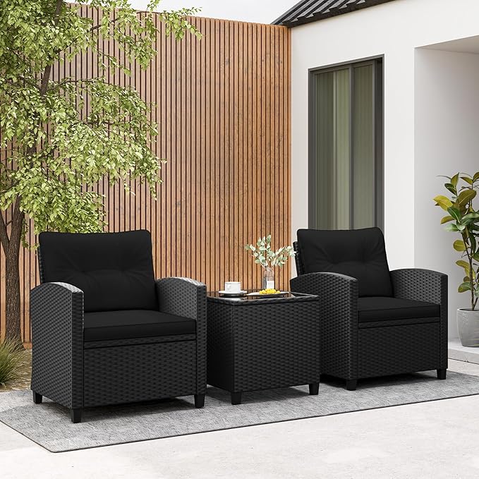 Tangkula 3 Piece Patio Furniture Set, Rattan Conversation Set w/Soft Seat & Back Cushions, Tempered Glass Topped Coffee Table, Cushioned Wicker Seating Set for Backyard, Porch, Poolside (Black)