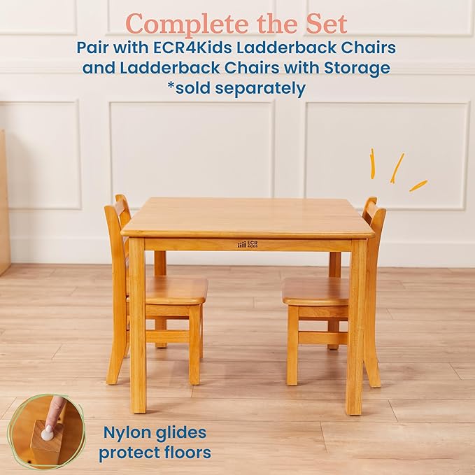ECR4Kids 30in Square Hardwood Table with 22in Legs, Kids Furniture, Honey