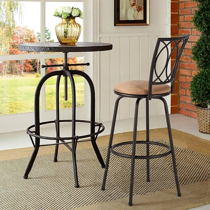 VECELO Adjustable Height Barstools 360 Degree Swivel Sturdy Steel Bistro Pub Chair/Comfortable Round Seat Cushions-Set of 2, Style B, Retro Brown