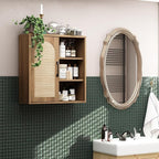 RUSTOWN Boho Rattan Wall Cabinet, Midcentury Bathroom Cabinet with Sliding Door, Adjustable Shelves, Over The Toilet Storage Cabinet (Rustic Oak)