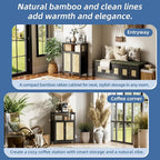 HITNET Bamboo Floor Cabinet, Bathroom Storage Cabinet with 2 Rattan Doors and Shelves, Space Saving Freestanding Kitchen Cupboard, Black