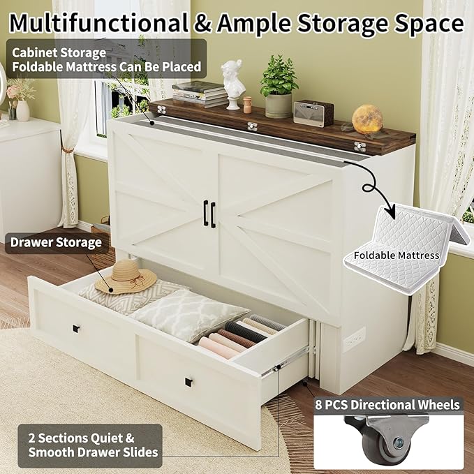Full Size Murphy Bed with Charging Station, Cabinet Bed with Large Storage Drawer for Home Office or Small Room, Full Foldable Platform Bed, White