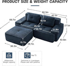 80.3” Blue Boneless Couches for Living Room, Modular Sectional Sofa with L-Shape Chaise, 2 Seater Comfy Upholstered Loveseat Deep Seat Corduroy Fabric Cloud Couch No Assembly, Anti-Slip Design