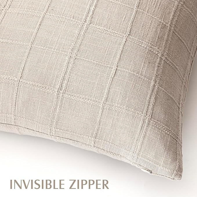 Foindtower Set of 2 Decorative Linen Check Throw Pillow Covers Neutral Farmhouse Lumbar Cushion Covers Modern Boho Home Decor for Sofa Chair Couch Bedroom Living Room,12×20 Inch,Natural Linen