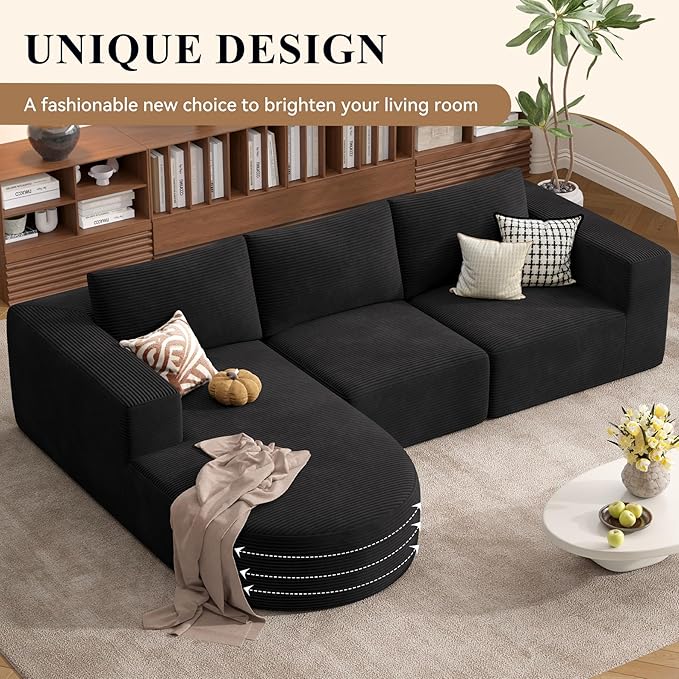 104”Sectional Couches for Living Room, Modular l Shaped Cloud Couch,Boneless Comfy Modern Sofa with Chaise, Deep Seat Convertible Sleeper Sofa Bed,No Assembly Required(Black-Corduroy Fabric) 1pcs