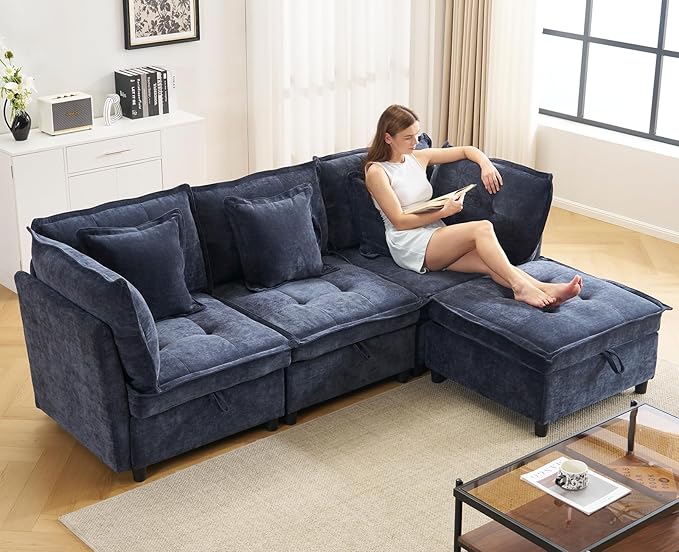 103" Modular Sectional Sofa, L-Shaped Corduroy Comfy Sectional Couches for Living Room, 3-Seater Cloud Couches with 1 Ottoman, Modern Deep Seat Sofa with Large Storage, Blue