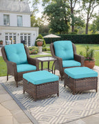 3 Piece Patio Brown Wicker Chairs with Side Table - Outdoor High Back Heavy Duty All-Weather Lawn Dining Rattan Chair Conversation Bistro Set for Deck Porch Balcony Backyard Garden - Turqoise