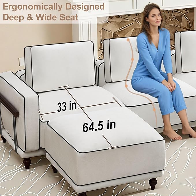 146" Cloud Modular Sectional Sofa,Oversized Deep 4 Seater Couch with Armrests Wooden Legs,Comfy Thicked Cushion Upholstered Sofa for Living Room Bedroom,White