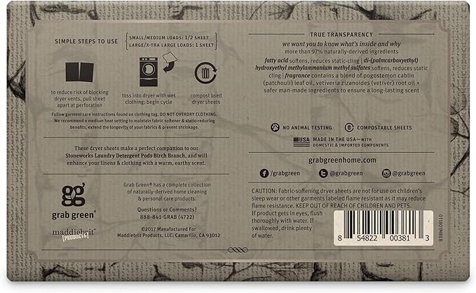 Grab Green Stoneworks Laundry Detergent Pods and Dryer Sheet Bundle, 50 Count Pods and 80 Dryer Sheets, Birch Branch Scent, Plant and Mineral Based Laundry Care Set