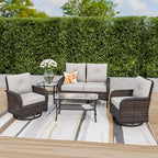 COOS BAY Vintage Courtyard Patio Furniture Set, Wicker Outdoor Furniture, Patio Conversation Sets, 2 Swivel Rockers, Loveseat, Coffee Table and Side Table, 5 Pieces, Gray/Beige