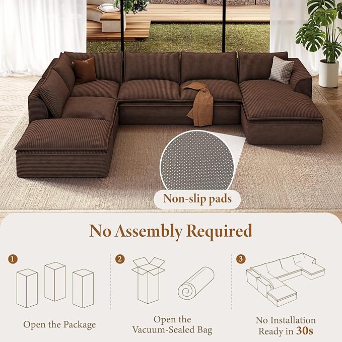 Vesgantti 204.7" Oversized Boneless Sectional Couch, Modern 9 Seater Modular Sofa with Chaise, Deep Seat Convertible Corduroy Cloud Couches for Living Room, No Assembly Required, Dark Brown