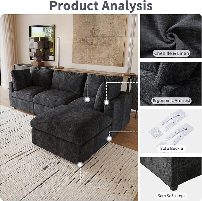 Cloud Couch Modular Sectional Sofa,134" L Shaped Couch, Oversized Convertible Wide Seater,4 Seater with Ottoman for Living Room Set, Covers Washable&Replaceable,Black