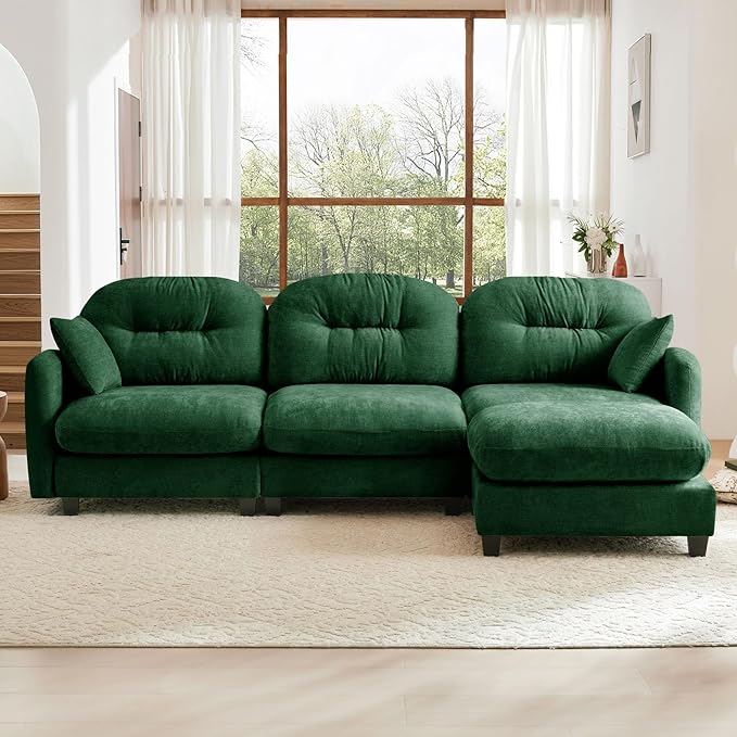 107" L Shaped Sofa for Living Room, Comfy Chenille Fabric Cloud Sectional Couch, Modern Upholstered Deep Seat Sofa with Pillow and Movable Ottoman, Oversized 3 Seater Sectional Sofa, Green