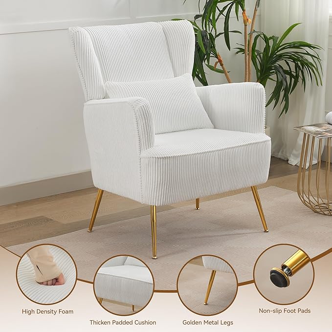 Corduroy Accent Living Room Arm Chair with Pillow & Golden Legs, 8.5" Thick Cushion, Mid Century Modern Wingback Chairs Upholstered Comfy Sofa Armchair for Reading Room/Bedroom, White