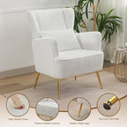 Living Room Chairs Corduroy Accent Armchair with Lumbar Pillow & Gold Leg, 8.5" Thick Cushion, Mid Century Modern High Wingback Bedroom Chairs Upholstered Comfy Sofa Arm Chair, White