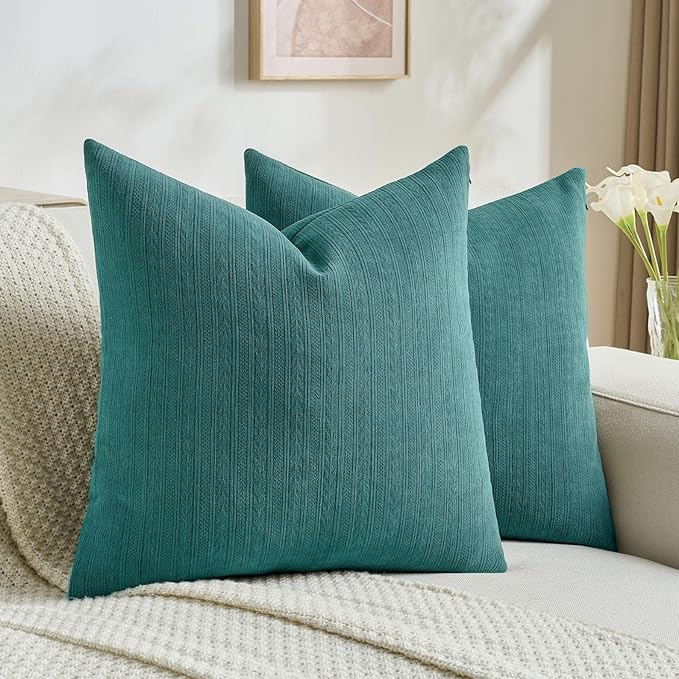 FUTEI Teal Decorative Throw Pillow Covers 24x24 Inch Set of 2,Soft Cozy Wheat Ear Striped Patterns European Cushion Cases,Modern Home Decor for Couch Bed Living Room