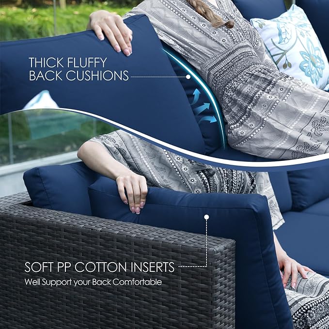 NICESOUL 10 Piece L-Shaped Outdoor Furniture Conversation with Fireplace Natural Gas/Propane, 29.3'' High Back Oversized Rattan Sofa Couch, Wide Deep Seated Patio Sectional, 2 Color Cushion Navy&Grey