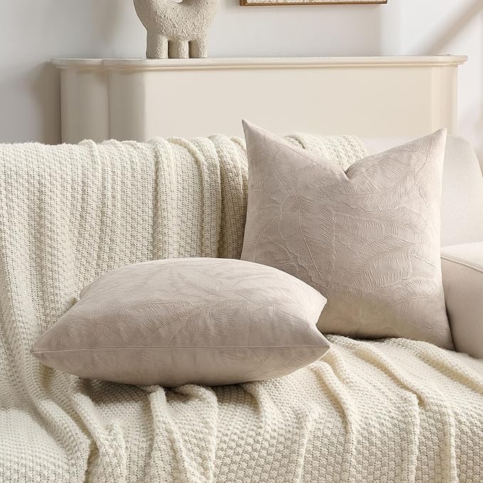 FUTEI Oatmeal Velvet Throw Pillow Covers 20x20 Inch Set of 2,Soft Embossed Leaf-Relief Textured Cushion Cases,Natural Home Decor for Couch Living Room